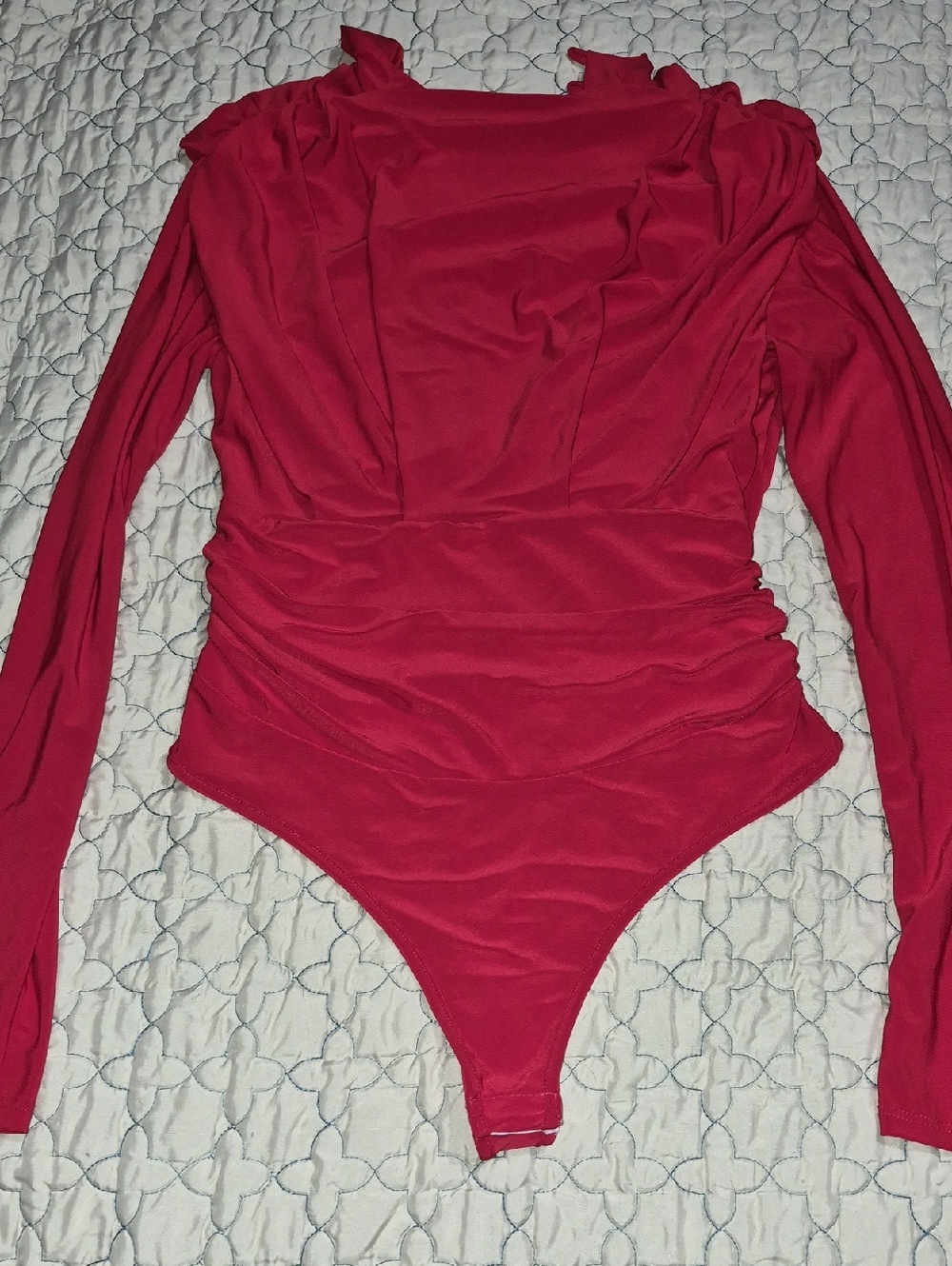 Fashion Nova Red Long-Sleeve Ruched Bodysuit